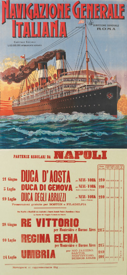 E.G. (DATES UNKNOWN). NAVIGAZIONE GENERALE ITALIANA. 57x26 inches, 146x67 cm. Stab. Pellas, Genoa.